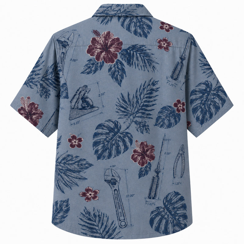 Labor Day Hawaiian Shirt- Blueprint Sketch Wrench and Leaf Print