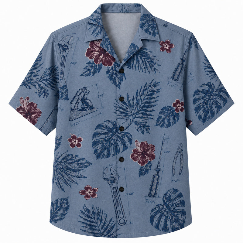 Labor Day Hawaiian Shirt- Blueprint Sketch Wrench and Leaf Print