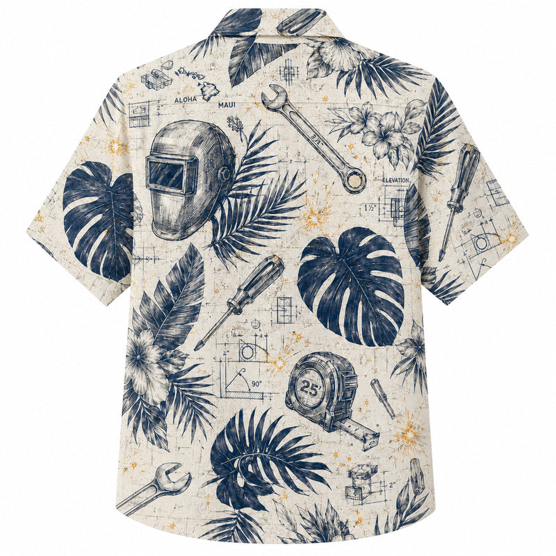 Labor Day Hawaiian Shirt- Blueprint Welding Helmet Print for Summer
