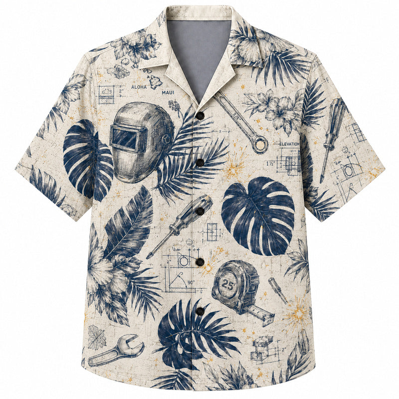 Labor Day Hawaiian Shirt- Blueprint Welding Helmet Print for Summer