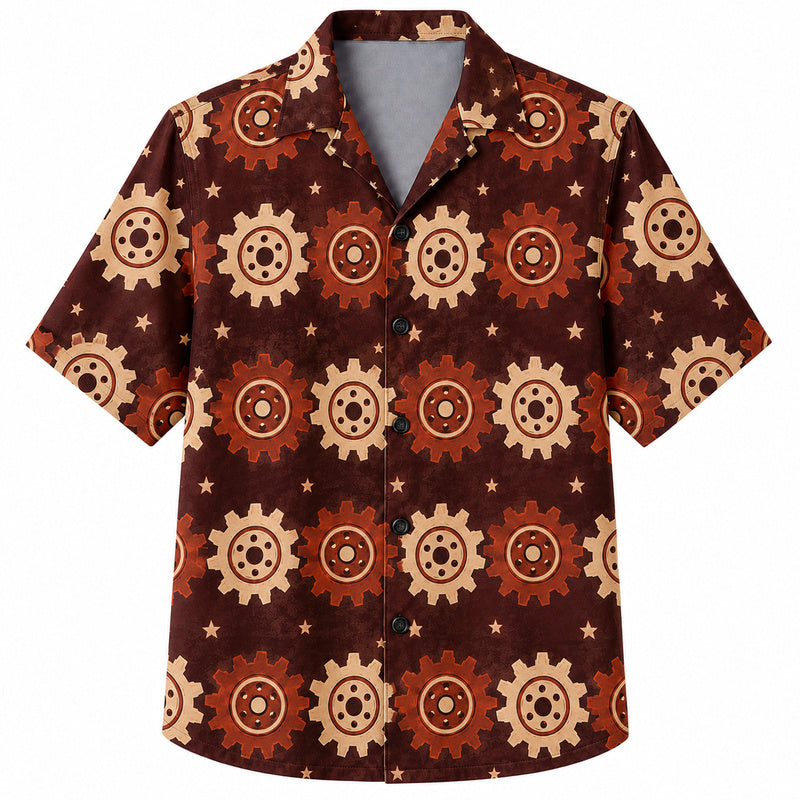 Labor Day Hawaiian Shirt- Bold Cogwheel and Star Print for Hard Workers