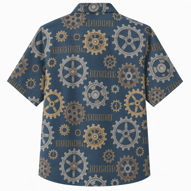 Labor Day Hawaiian Shirt- Bronze Cog Wheel and Chain Track Print