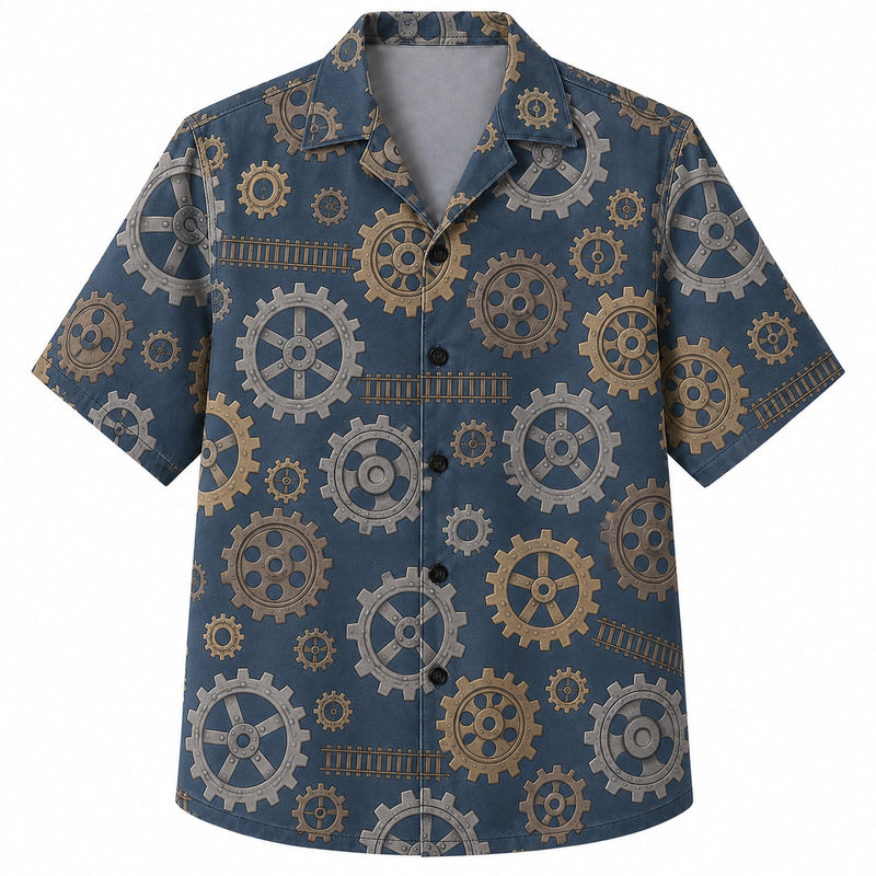 Labor Day Hawaiian Shirt- Bronze Cog Wheel and Chain Track Print