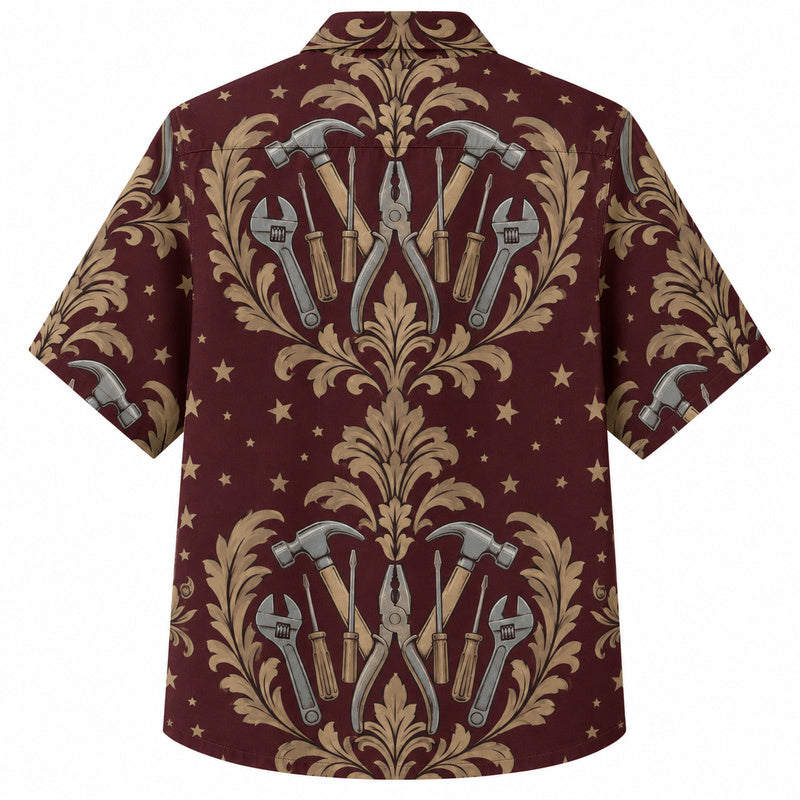Labor Day Hawaiian Shirt- Burgundy Damask Hammer and Plier Print