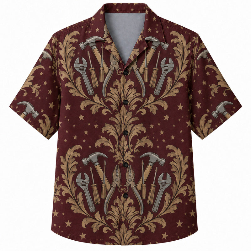 Labor Day Hawaiian Shirt- Burgundy Damask Hammer and Plier Print