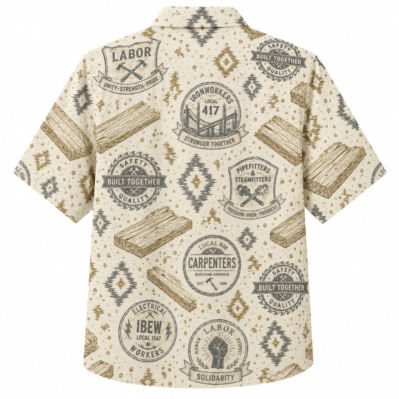 Labor Day Hawaiian Shirt- Carpenter Union Badge and Lumber Print