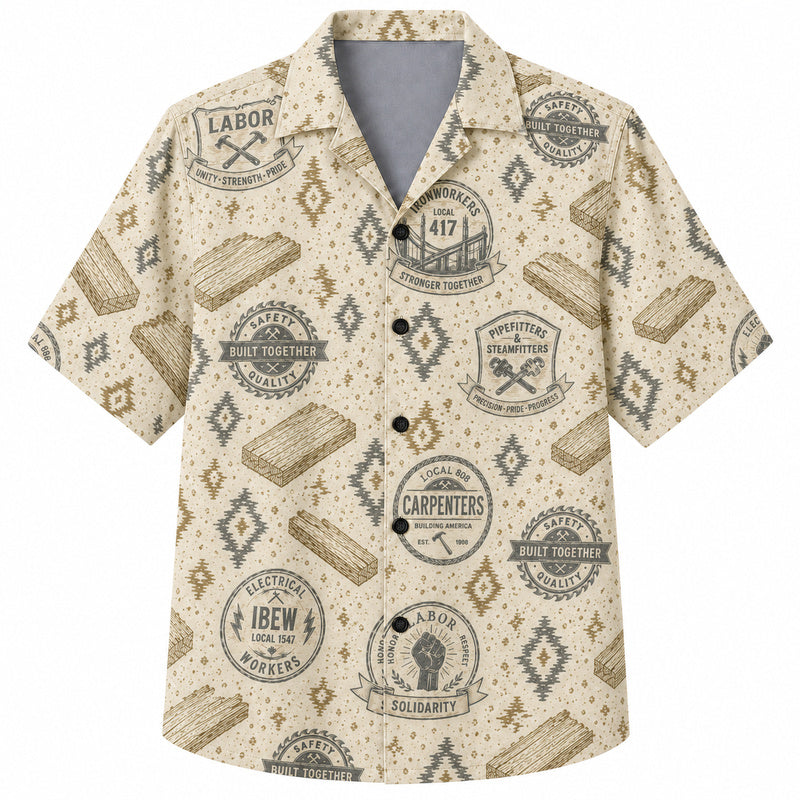 Labor Day Hawaiian Shirt- Carpenter Union Badge and Lumber Print