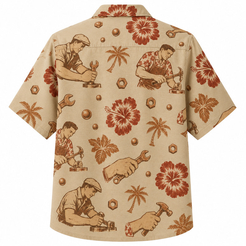 Labor Day Hawaiian Shirt- Carpenter and Hibiscus Print in Warm Tan