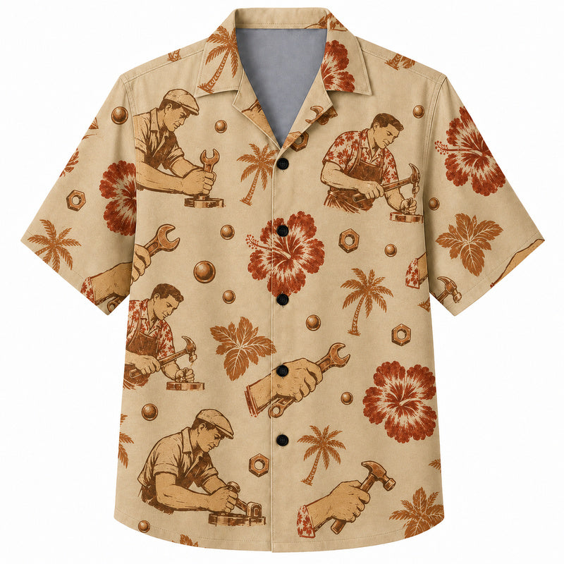 Labor Day Hawaiian Shirt- Carpenter and Hibiscus Print in Warm Tan