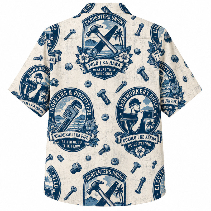 Labor Day Hawaiian Shirt- Carpenter and Pipefitter Crest Print