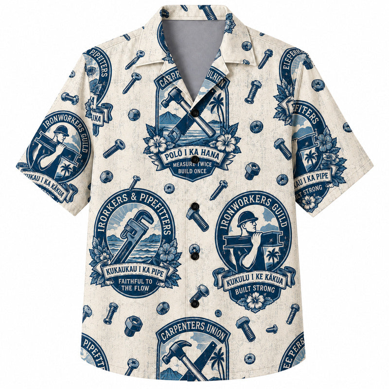 Labor Day Hawaiian Shirt- Carpenter and Pipefitter Crest Print