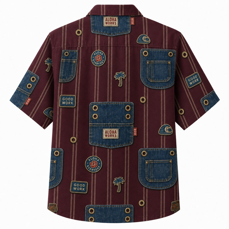 Labor Day Hawaiian Shirt Chimney Stack Maroon Print for the Holiday