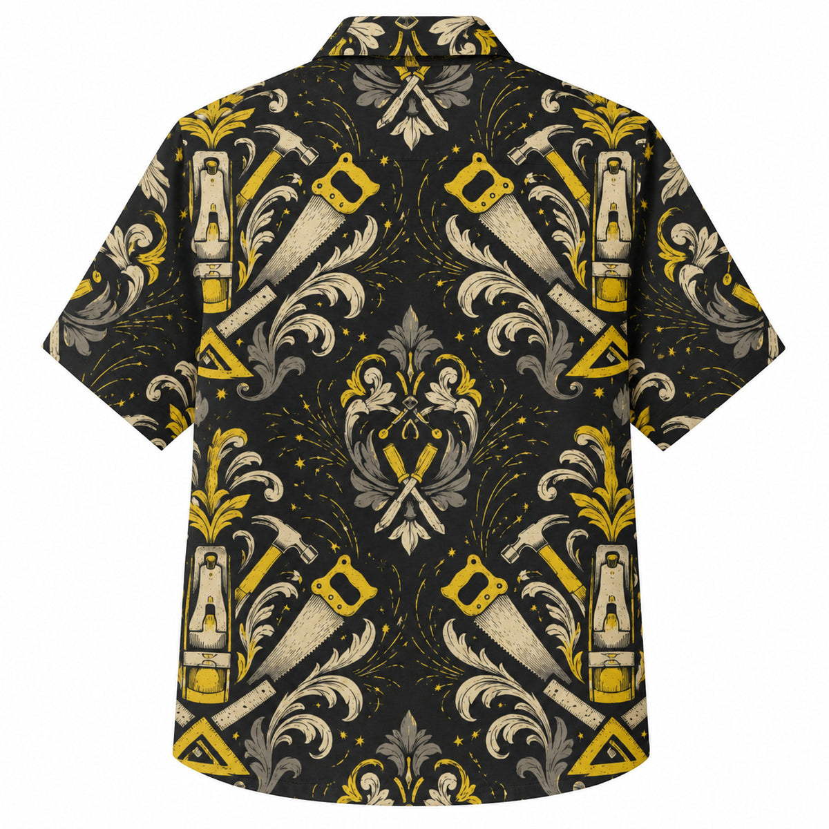 Labor Day Hawaiian Shirt- Chisel and Handsaw Damask in Black and Gold