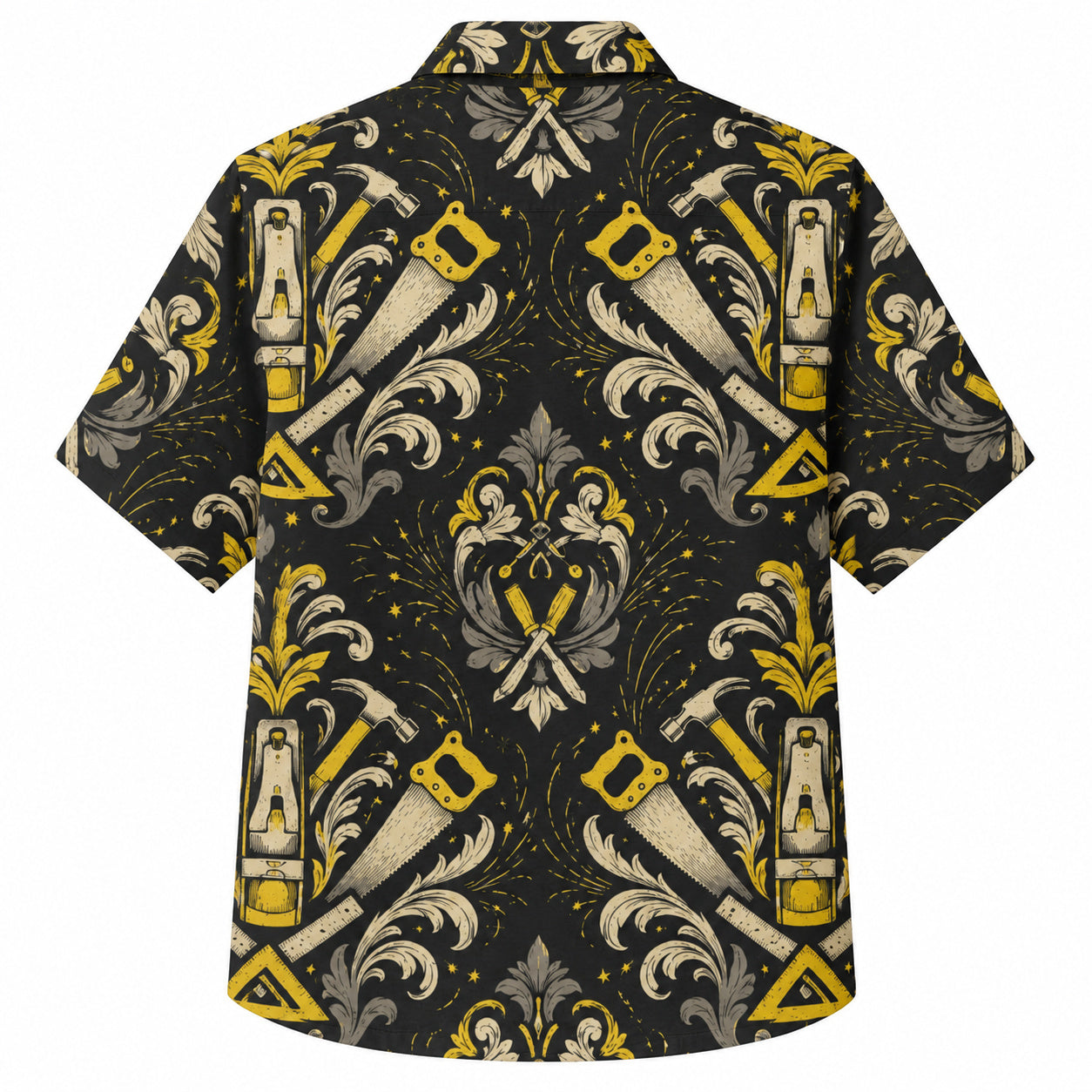 Labor Day Hawaiian Shirt- Chisel and Handsaw Damask in Black and Gold