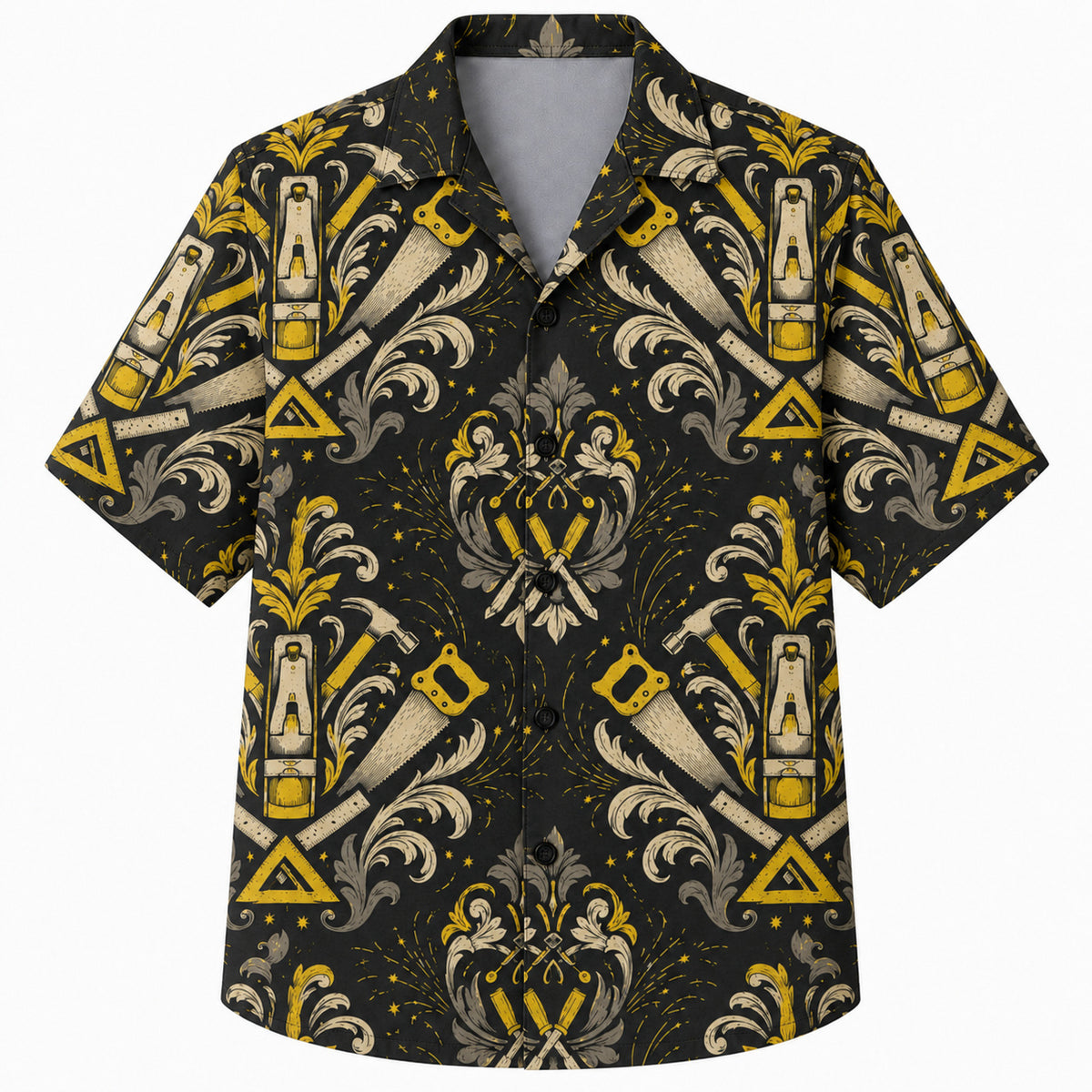 Labor Day Hawaiian Shirt- Chisel and Handsaw Damask in Black and Gold