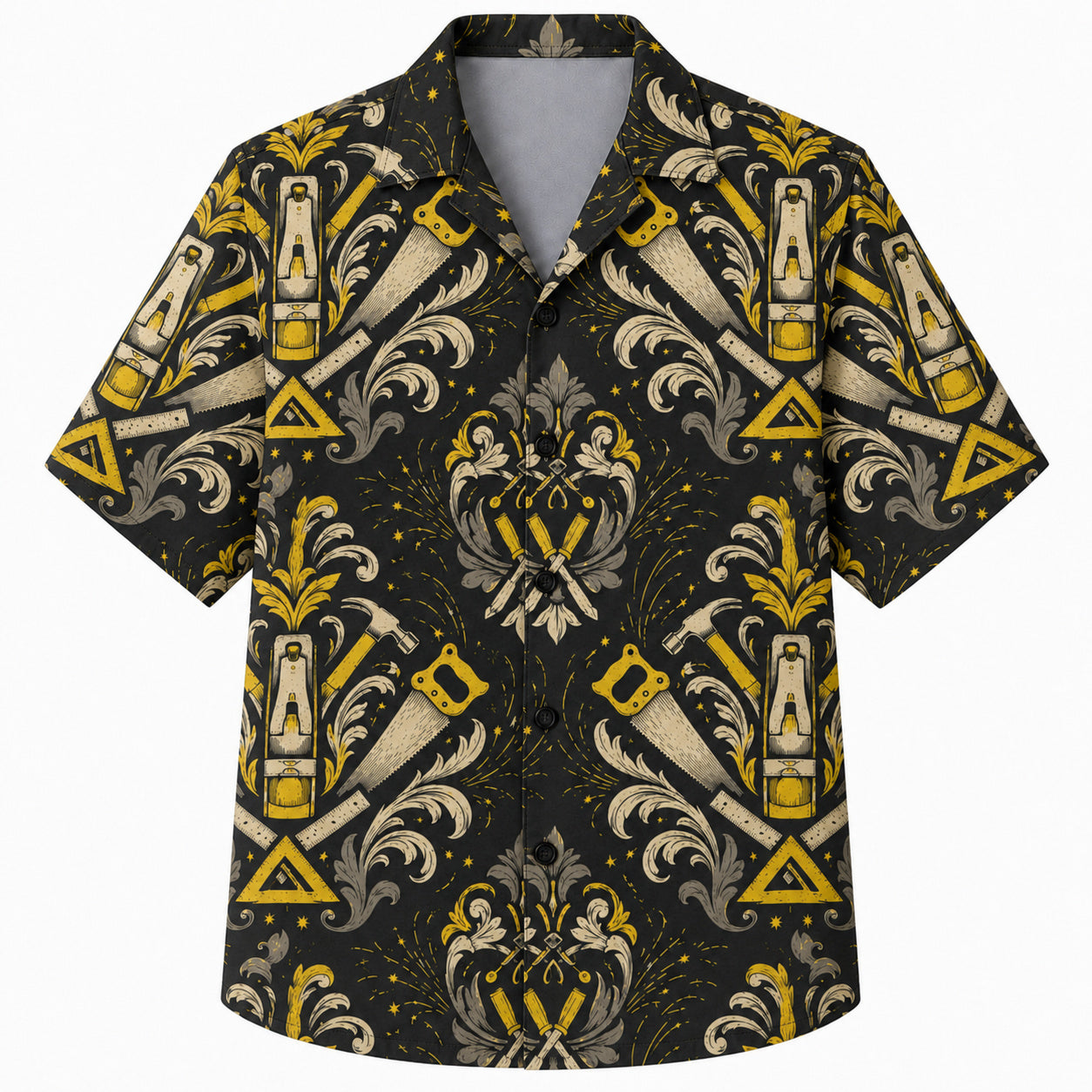 Labor Day Hawaiian Shirt- Chisel and Handsaw Damask in Black and Gold