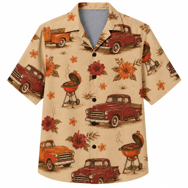 Labor Day Hawaiian Shirt - Classic Pickup Grill Floral Print for the Cookout