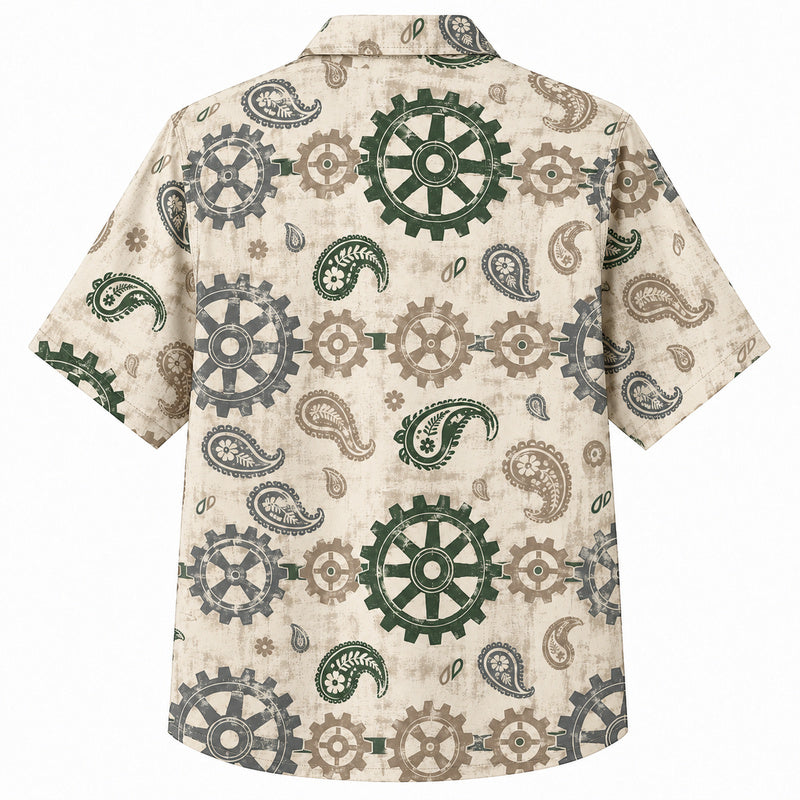 Labor Day Hawaiian Shirt- Cog Wheel and Paisley Medley Print