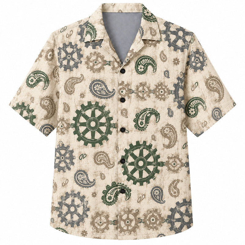 Labor Day Hawaiian Shirt- Cog Wheel and Paisley Medley Print