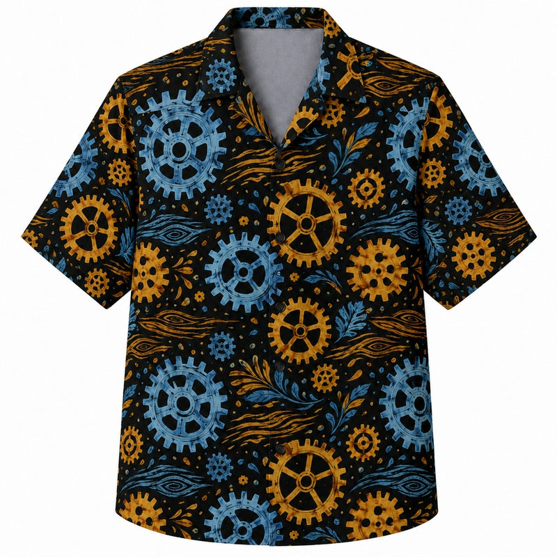Labor Day Hawaiian Shirt- Cog and Current Swirl Print for Men