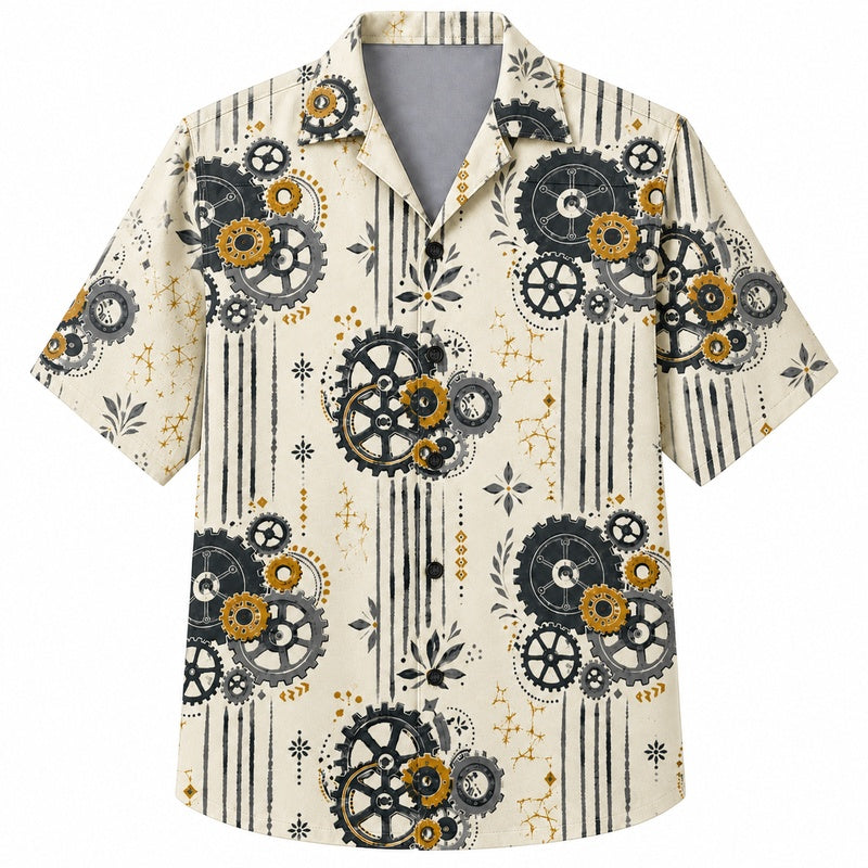 Labor Day Hawaiian Shirt- Cogwheel Bloom Stripe Print for Summer