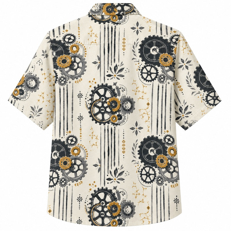 Labor Day Hawaiian Shirt- Cogwheel Bloom Stripe Print for Summer