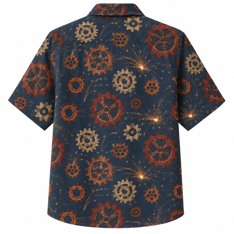 Labor Day Hawaiian Shirt- Cogwheel and Firework Spark Print on Navy