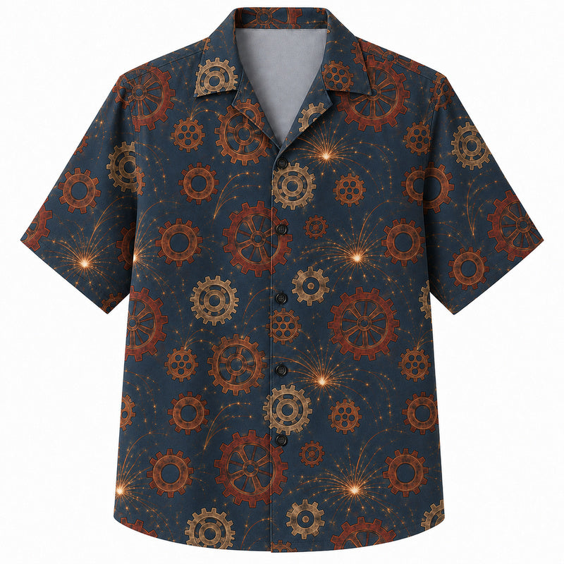 Labor Day Hawaiian Shirt- Cogwheel and Firework Spark Print on Navy
