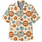 Labor Day Hawaiian Shirt- Cogwheel and Hibiscus Print in Soft Cream
