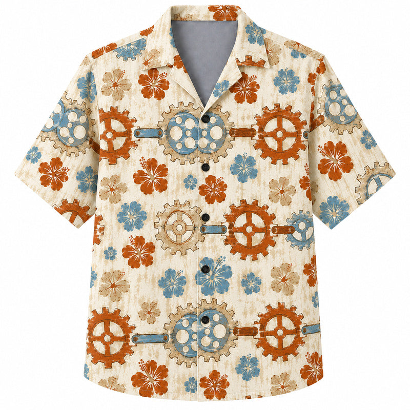 Labor Day Hawaiian Shirt- Cogwheel and Hibiscus Print in Soft Cream
