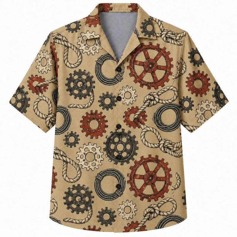 Labor Day Hawaiian Shirt- Cogwheel and Rope Knot Print for Hard Workers