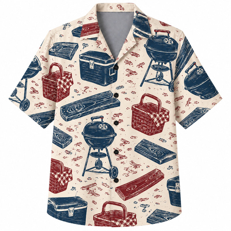 Labor Day Hawaiian Shirt- Cookout Grill and Cooler Print for Summer