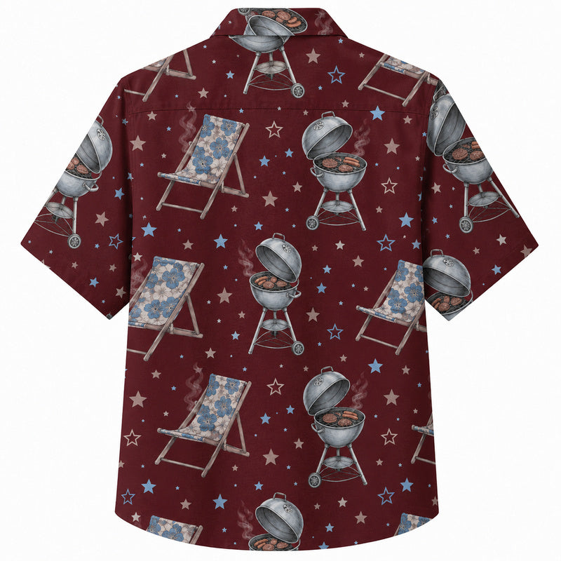 Labor Day Hawaiian Shirt- Cookout Grill and Deck Chair Star Print
