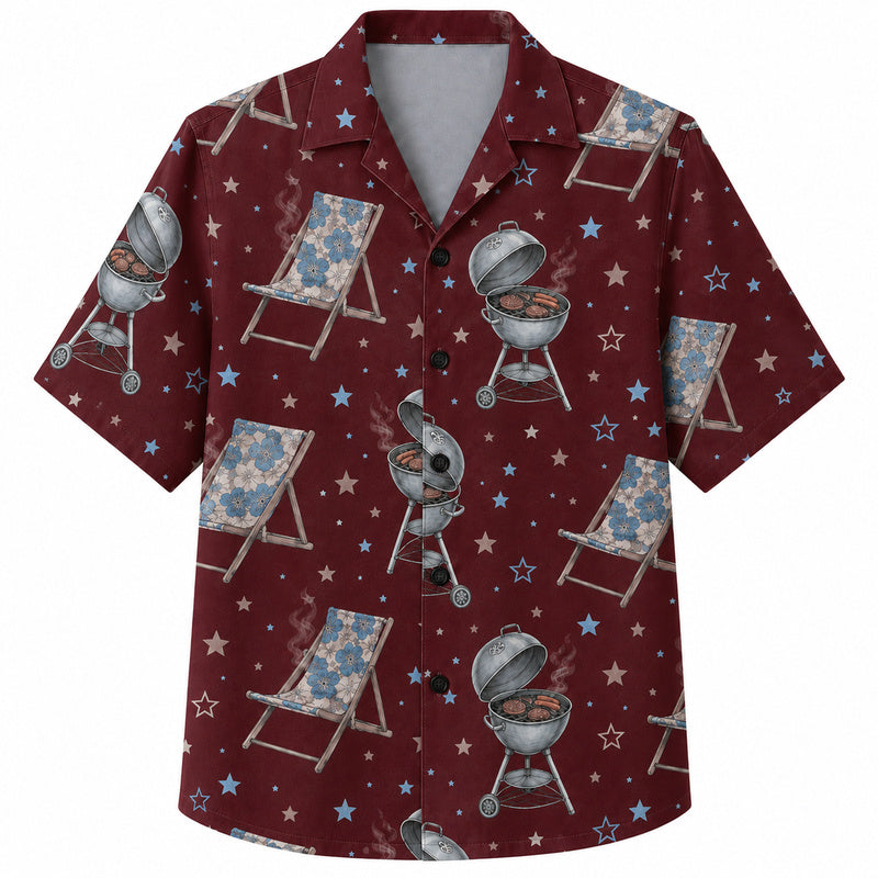Labor Day Hawaiian Shirt- Cookout Grill and Deck Chair Star Print