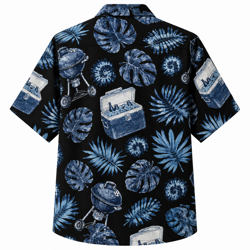 Labor Day Hawaiian Shirt- Cooler and Grill Leaf Print in Black