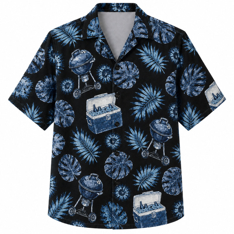 Labor Day Hawaiian Shirt- Cooler and Grill Leaf Print in Black
