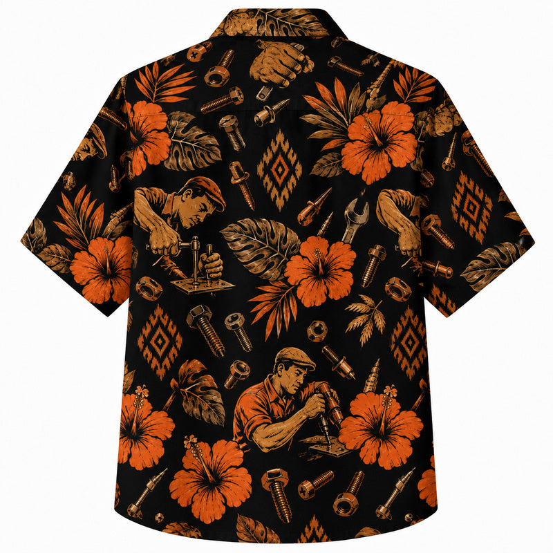 Labor Day Hawaiian Shirt - Craftsman Tool Hibiscus Print for Tradesmen