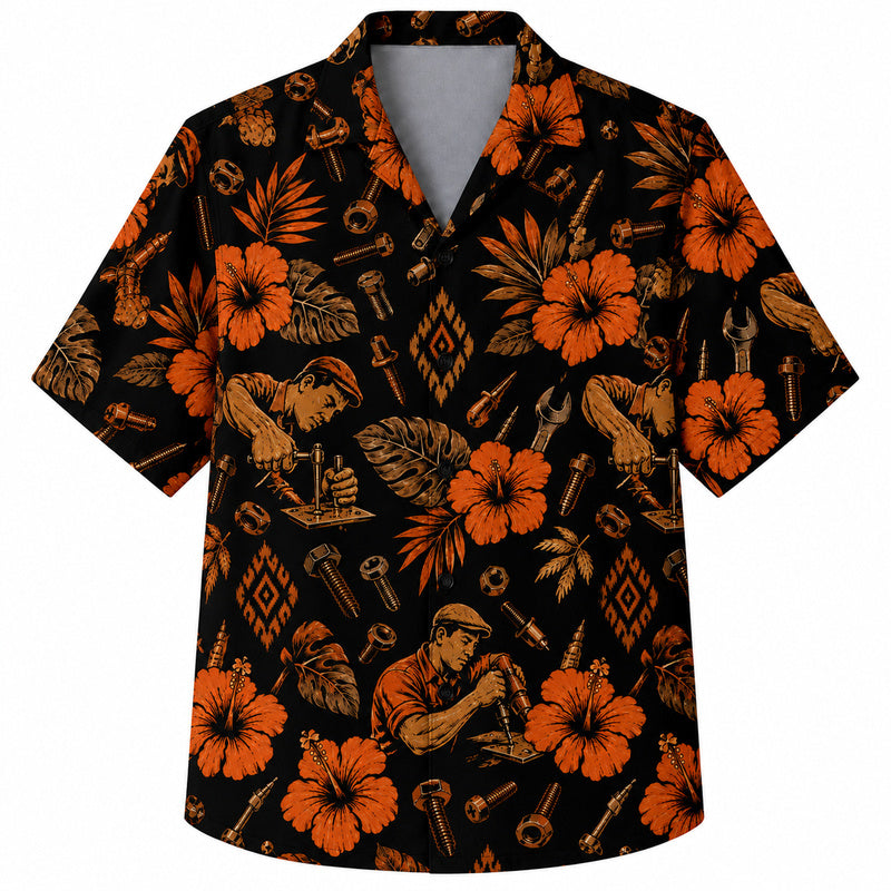 Labor Day Hawaiian Shirt - Craftsman Tool Hibiscus Print for Tradesmen