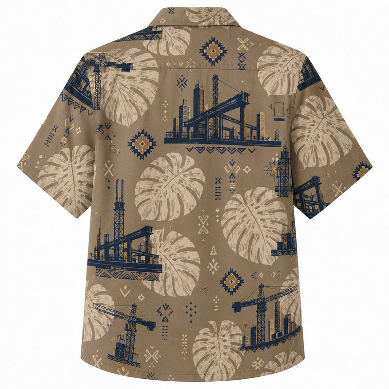 Labor Day Hawaiian Shirt- Crane Bridge Monstera Print for the Holiday