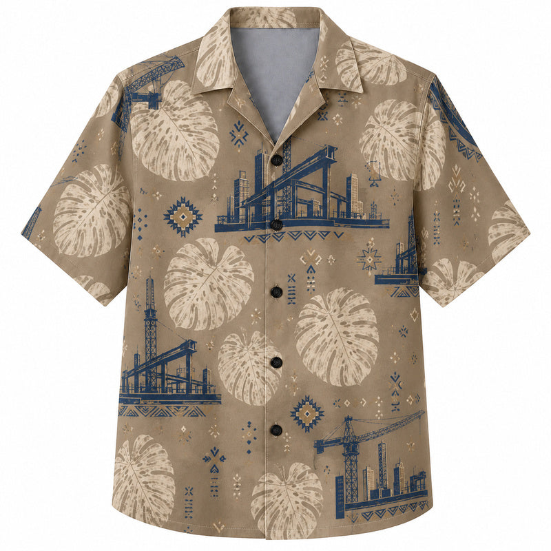 Labor Day Hawaiian Shirt- Crane Bridge Monstera Print for the Holiday