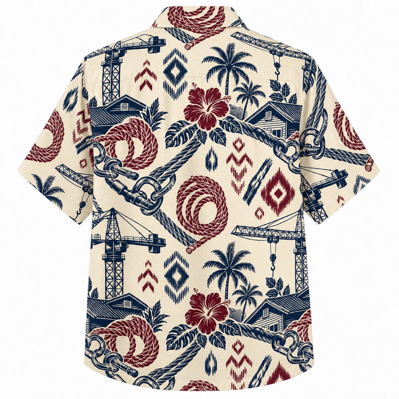 Labor Day Hawaiian Shirt- Crane Cottage and Hose Coil Print in Cream