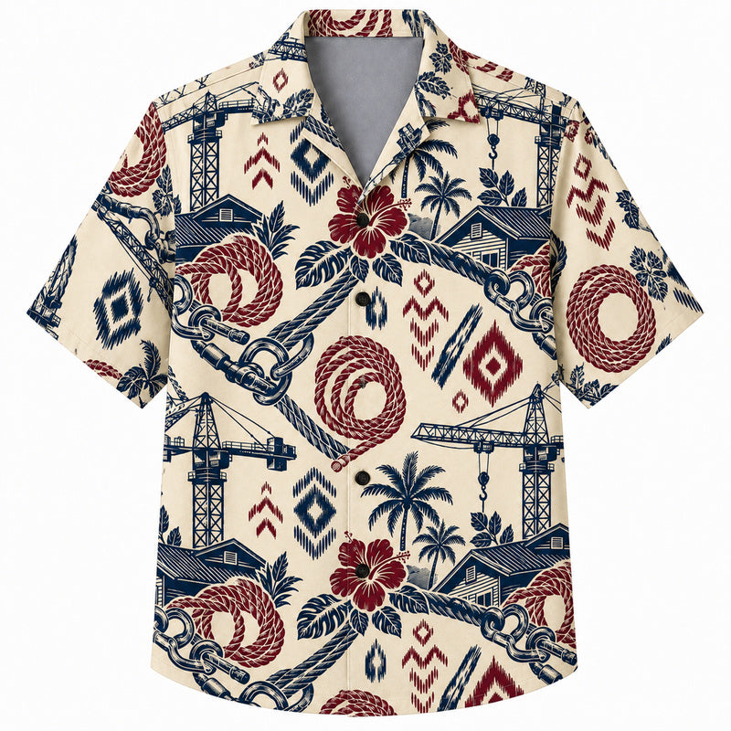 Labor Day Hawaiian Shirt- Crane Cottage and Hose Coil Print in Cream