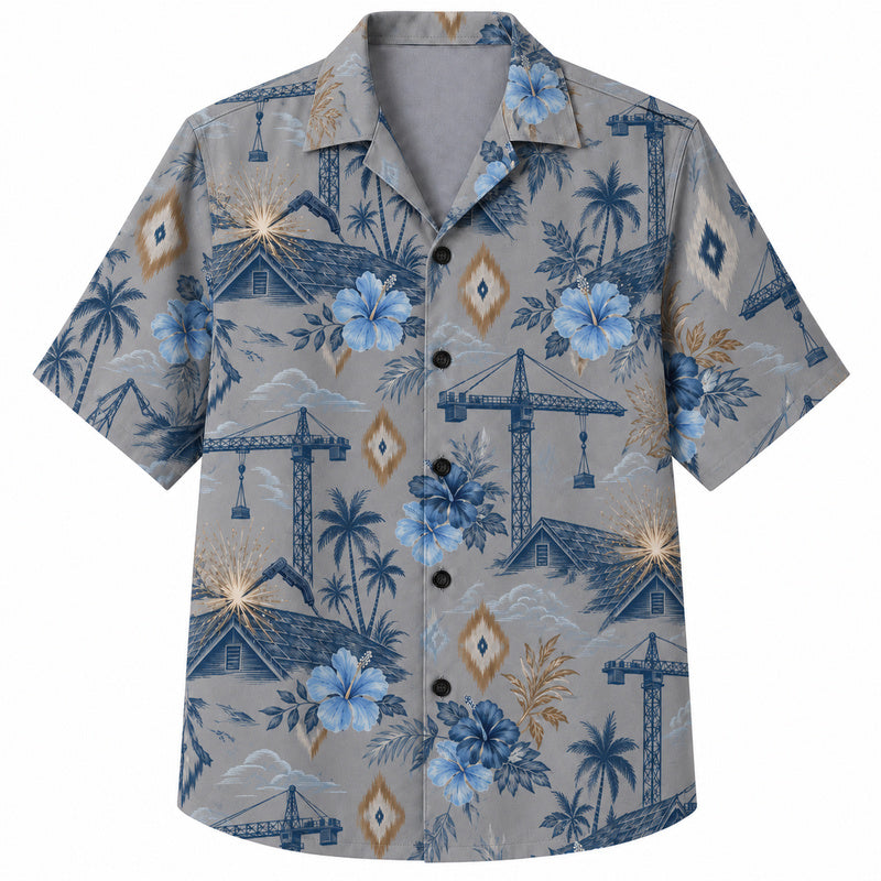 Labor Day Hawaiian Shirt- Crane Palm and Firework Skyline Print