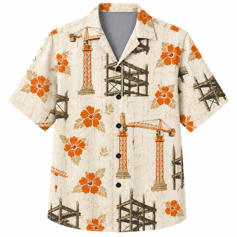 Labor Day Hawaiian Shirt - Crane Scaffold Hibiscus Print for Tradesmen