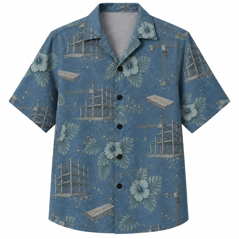 Labor Day Hawaiian Shirt- Crane Steel Frame and Hibiscus Print