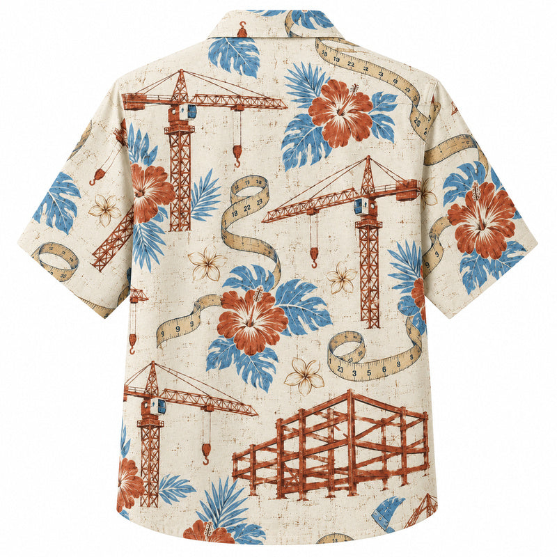 Labor Day Hawaiian Shirt- Crane and Hibiscus Blueprint Print for Summer
