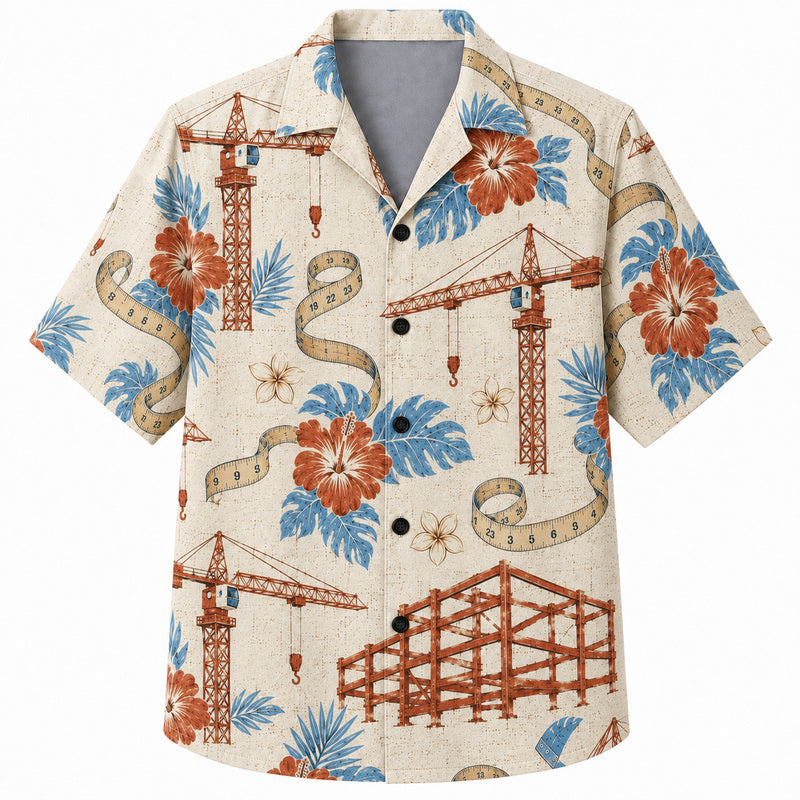 Labor Day Hawaiian Shirt- Crane and Hibiscus Blueprint Print for Summer