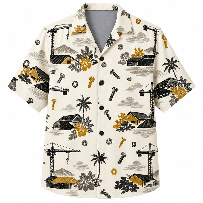 Labor Day Hawaiian Shirt- Crane and Palm Blueprint Print for Men