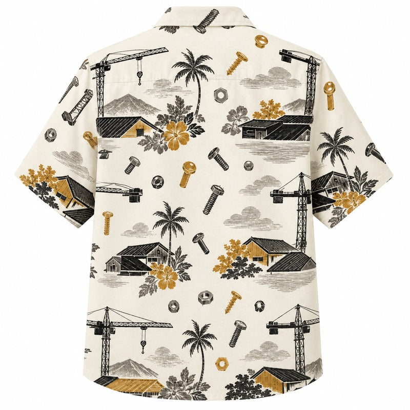 Labor Day Hawaiian Shirt- Crane and Palm Blueprint Print for Men