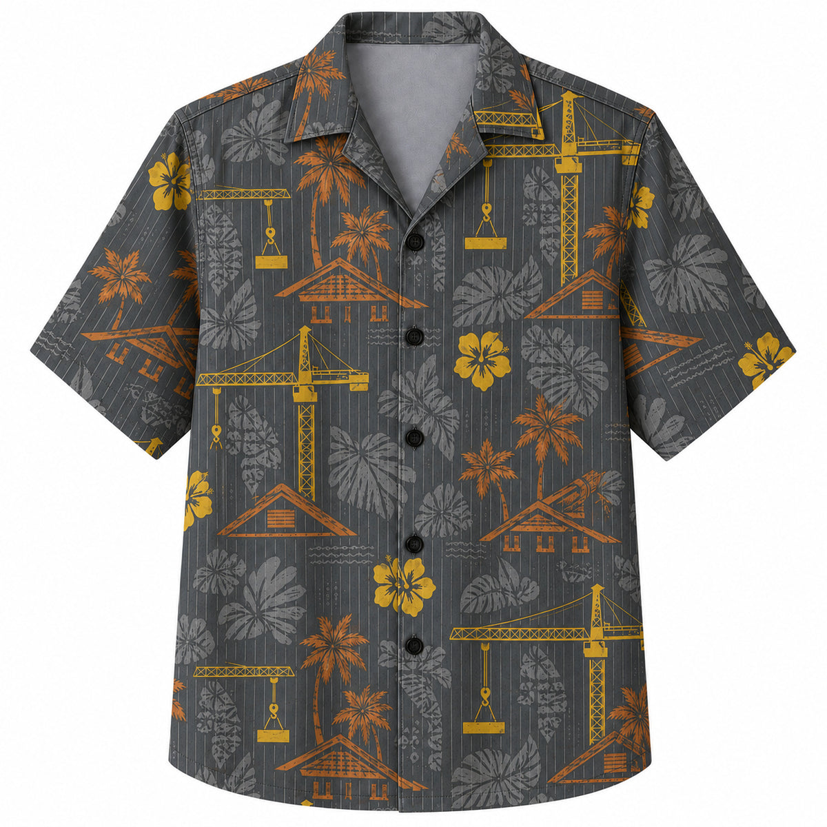 Labor Day Hawaiian Shirt- Crane and Palm Silhouette in Charcoal Grey